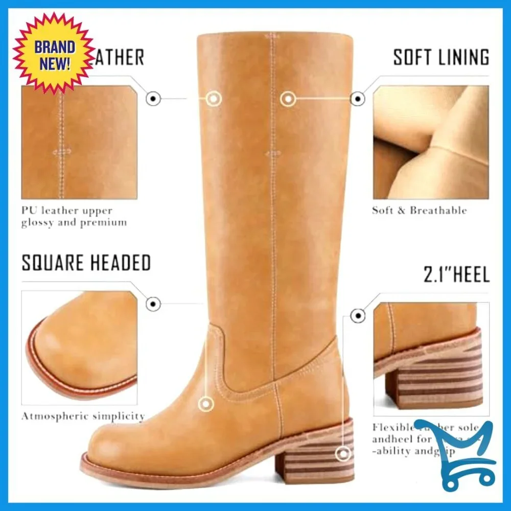 Knee High Boots Square Toe Chunky Block Heel Comfortable Low Heel